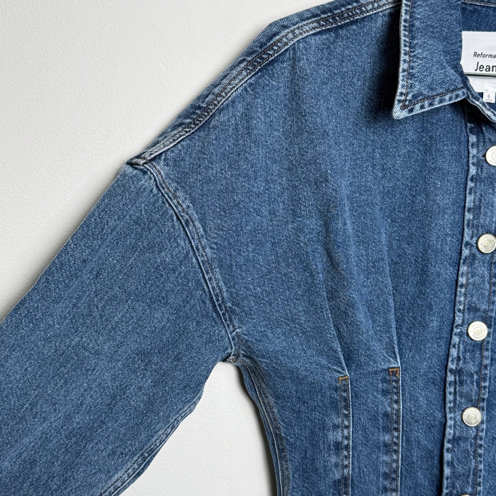 Reformation Roxanna Cinch Waist Denim Mini Dress‎ Blue Button Front Size 6 - Picture 4 of 9